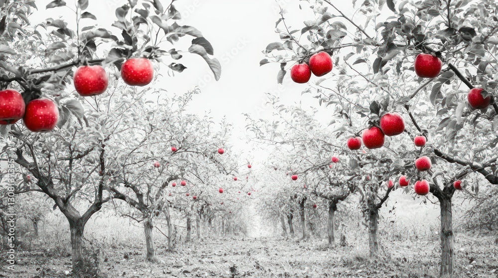 Poster an orchard full of apple trees with ripe red apples hanging from the branches.