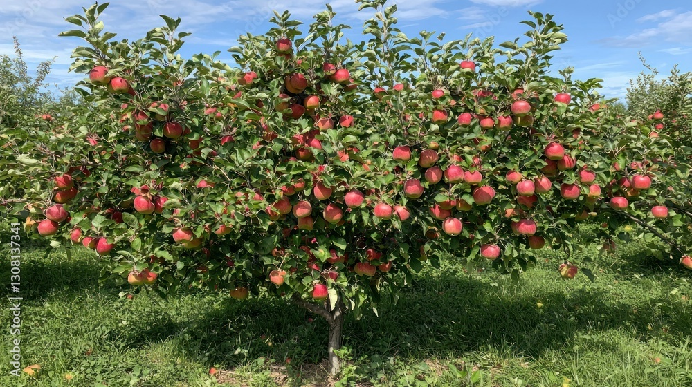 Poster an orchard full of apple trees with ripe red apples hanging from the branches.