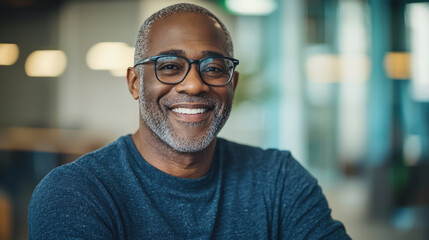 Obraz premium A smiling man with glasses, wearing casual in an office, generative AI