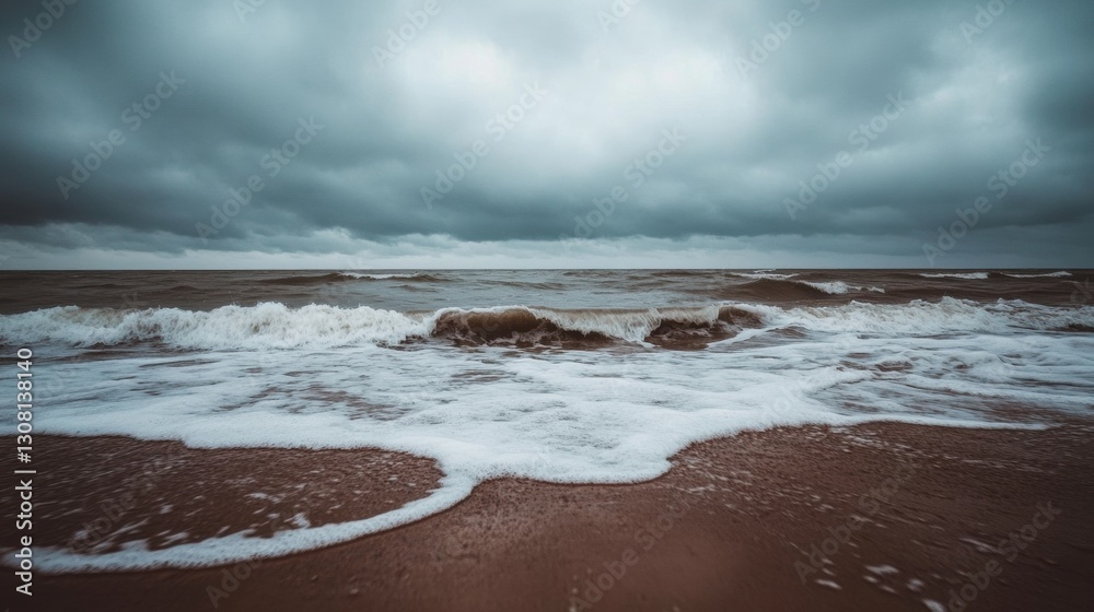 Poster Lonely seashore with gentle waves under an overcast sky inviting calm and reflection Generative AI