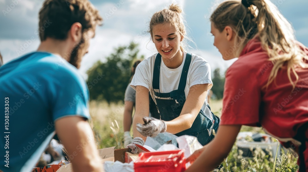 Poster friends helping each other during a disaster relief effort in an open field