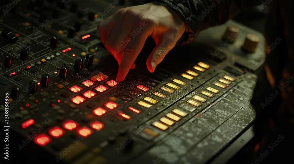 Poster hands adjusting the settings on a sound mixer during a podcast recording.