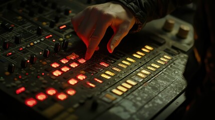 hands adjusting the settings on a sound mixer during a podcast recording.