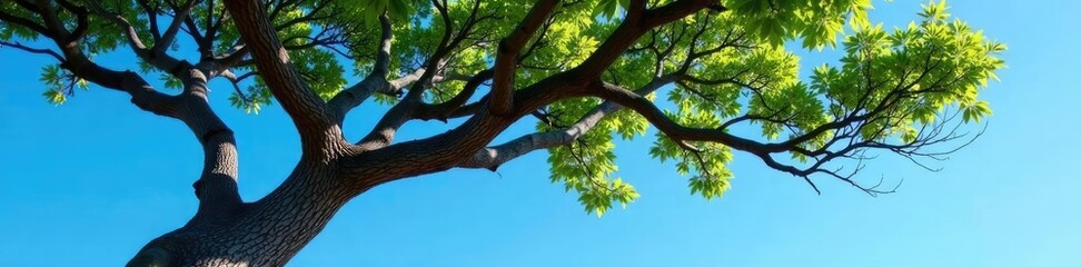 Fototapeta premium Tree with gnarled branches against clear blue sky, tree, sunlight