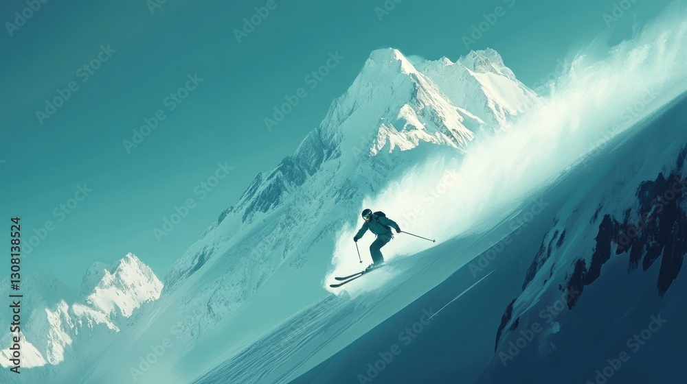 Poster Exciting descent of a skier on pristine snow with majestic peaks in the background Generative AI