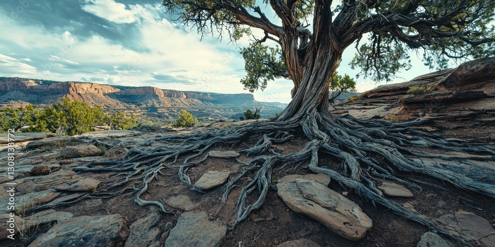Poster large roots of an ancient tree growing over a rocky terrain.