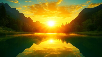 A beautiful sunrise over the lake surrounded by mountains and trees