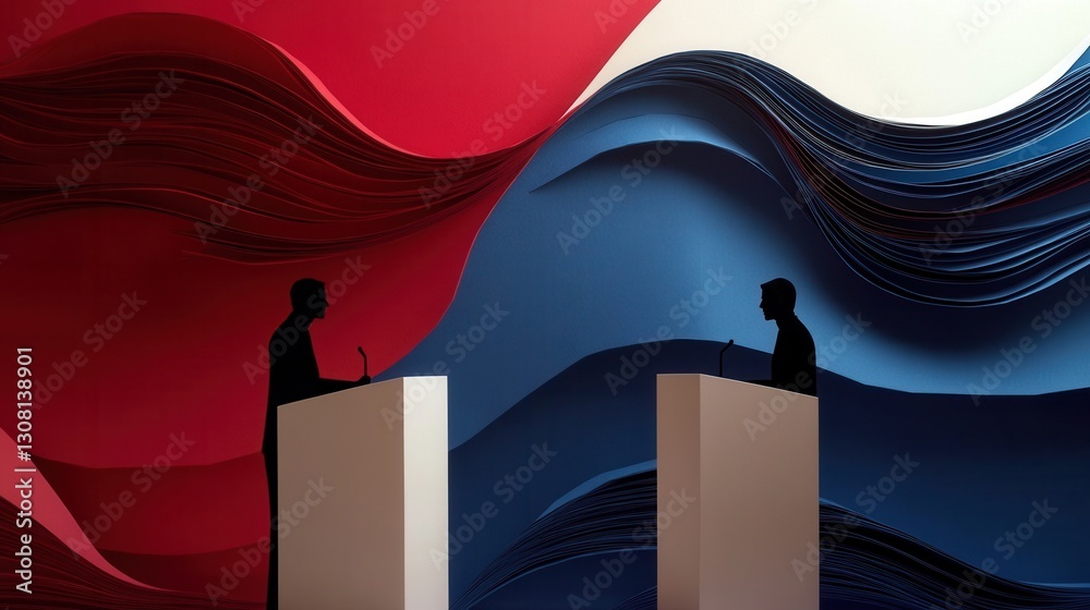 Poster Dynamic political debate backdrop with layered silhouettes creating an engaging atmosphere for discourse and discussion Generative AI