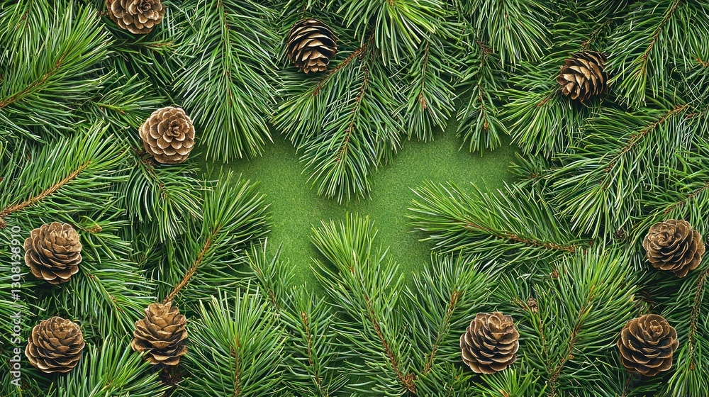 Poster pine tree branches with fresh green needles and small cones.