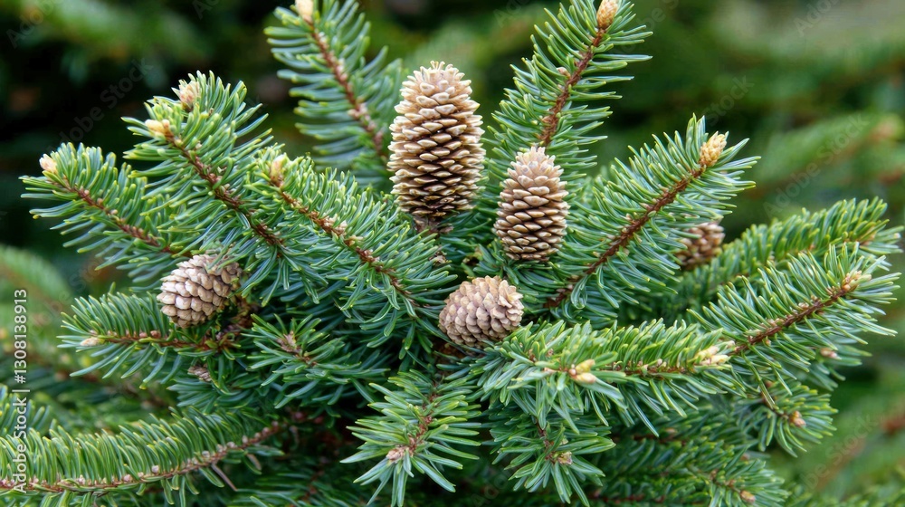 Poster pine tree branches with fresh green needles and small cones.