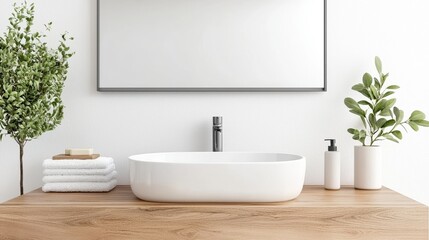 Fototapeta premium Sleek bathroom sink with a polished surface and reflective mirror above adding a touch of elegance to the space