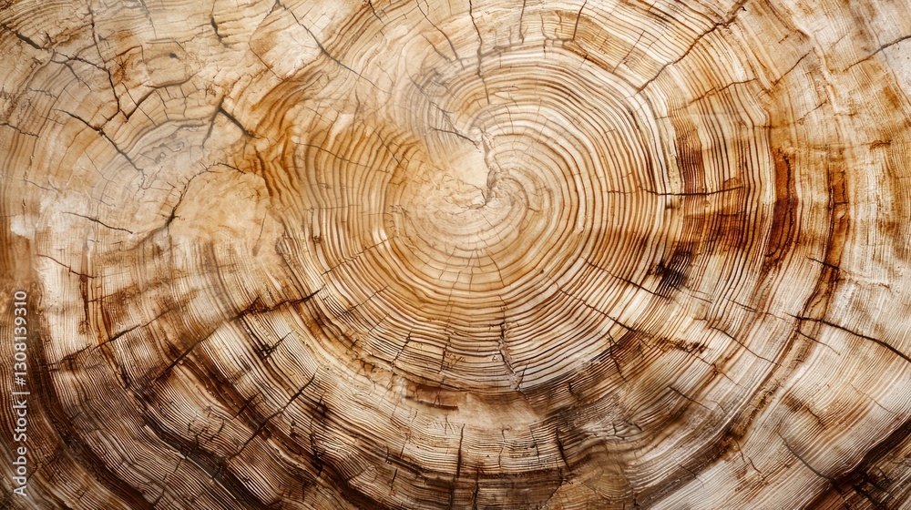 Aufkleber tree rings in a freshly cut log, highlighting the detailed circular patterns.