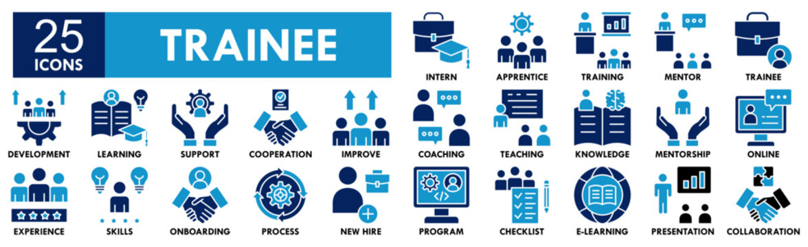 Trainee icon collection set. Containing design trainee, professional, work, business, employee