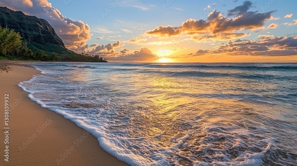 Poster a serene view of a beach with gentle waves and the sun dipping below the horizon