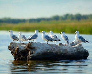 Gulls perched on log, river scene