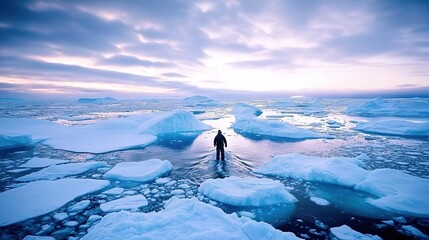 Naklejka premium Polar Adventurer Navigates Icy Waters Among Massive Icebergs in Antarctica's Iceberg Graveyard, Near Pleneau Island