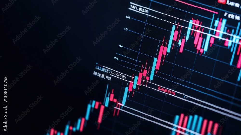 Poster detailed view of a computer screen displaying stock market chart with graphs and data for financial 