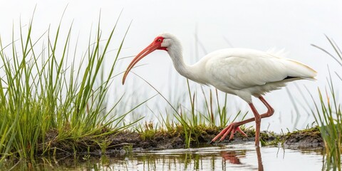 Obraz premium Low Light White Ibis Crab Hunting Marsh Photography - Wildlife Night Scene
