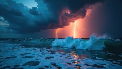 Fototapeta premium Darkening sky with stormy clouds and lightning illuminates the oncoming wave, stormy weather, severe weather