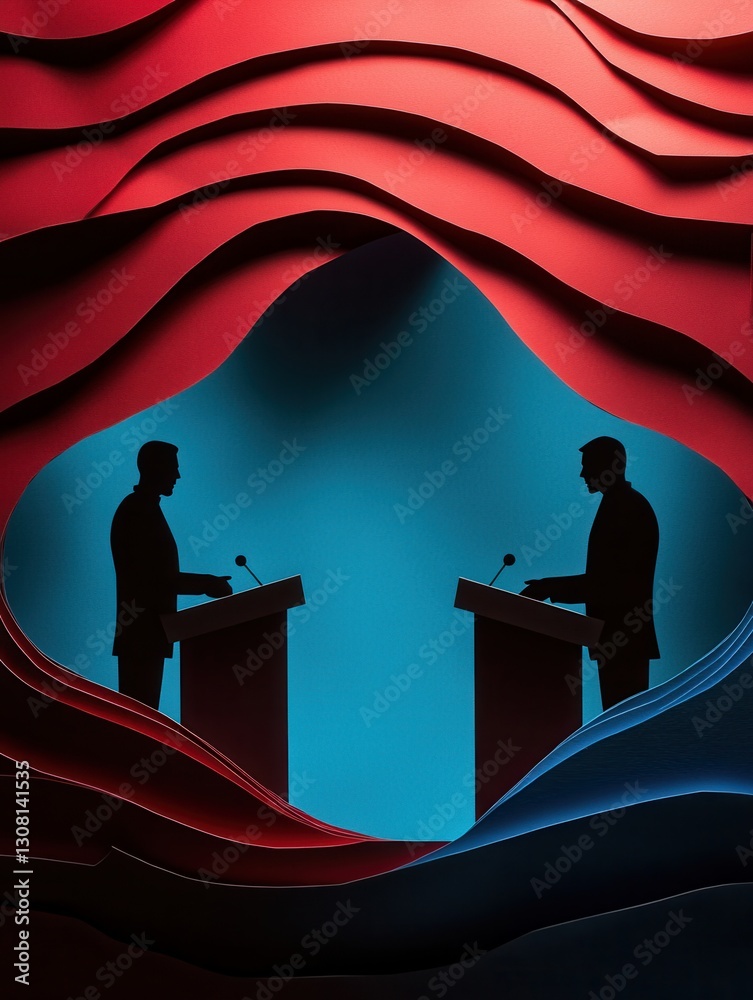 Poster engaging political debate with bold paper art background featuring dynamic silhouettes of figures be