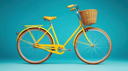 Fototapeta premium Bright Yellow Bicycle with Wicker Basket Against Aqua Background, Charming and Vibrant Vintage Scene