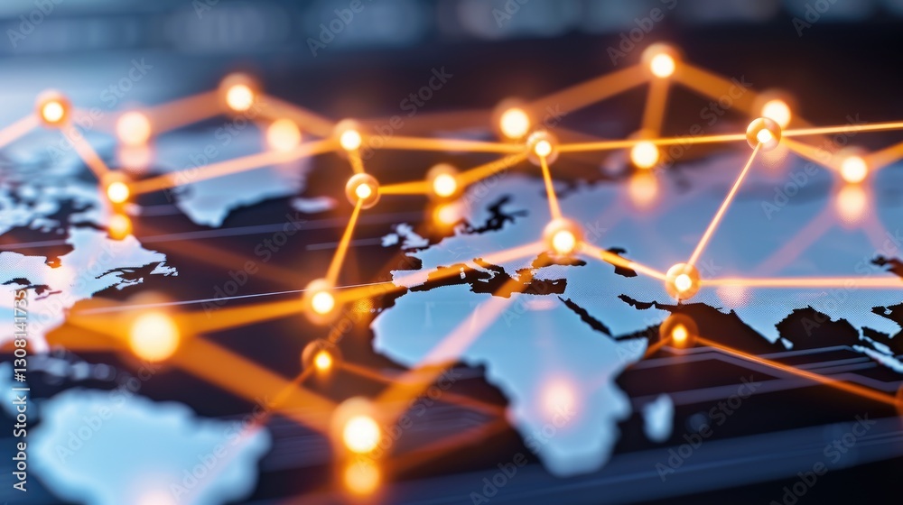 Poster a digital world map with glowing connections, symbolizing global networking and data flow.