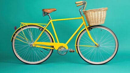 Fototapeta premium Bright Yellow Bicycle with Wicker Basket Against Aqua Background, Charming and Vibrant Vintage Scene