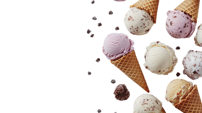 Assorted flavors ice cream scoops on waffle cones mockup template isolated on transparent background, perfect for design and artwork projects.