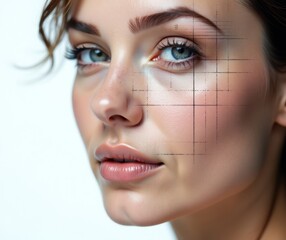 Woman Digital Grid Facial Scan. Beauty Technology Interface. Perfect for advertising advanced skincare analysis, facial recognition software, dermatological treatments