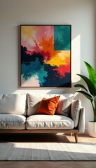 Cozy living room with designer sofa, plants, and abstract art, sofa, plants, contemporary