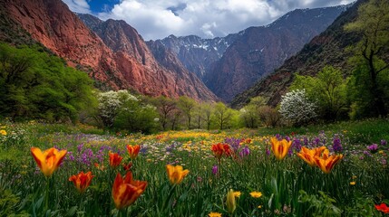 Spring wildflowers bloom in mountain valley