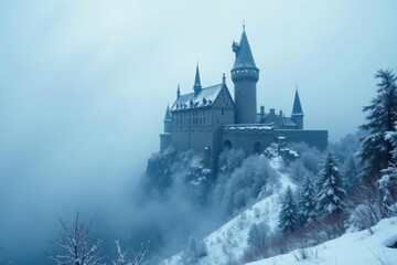 Foggy mist swirling around snow-covered castle walls, mystical, mist