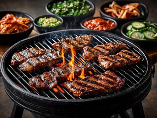A sizzling grill filled with juicy meat and fresh vegetables ready for a flavorful barbecue experience on a sunny day outdoors