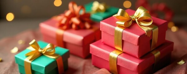 Gold ribbons wrapped around each gift box in a perfect stack, ribbon wrapping, decorative arrangements