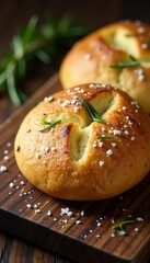Crispy Sardinian bread seasoned with salt and rosemary, on rustic wooden table, guttiau, bread, wooden table