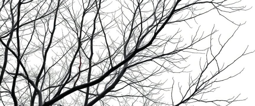 Intricate bare branches, stark against pure white, white background, branchlets