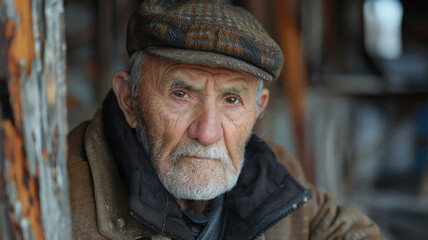Obraz premium Elderly man with a weathered face, white beard, and a plaid cap looks seriously at the camera, sitting in a rustic, worn-down environment, reflecting wisdom, hardship, and resilience