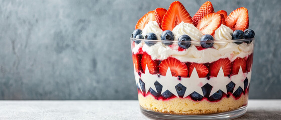 Obraz premium 4th of July dessert. Delicious layered dessert with strawberries and blueberries in a glass bowl.