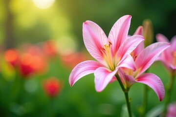 Fototapeta premium Pastel pink lily flowers blooming in a garden, spring, blooms, garden