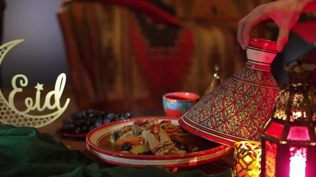 Muslims celebrating Eid Al Adha. Sacrificial lamb meat baked in tajine