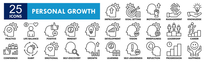 Personal Growth icon collection set. Containing design success, development, growth, motivation, leadership