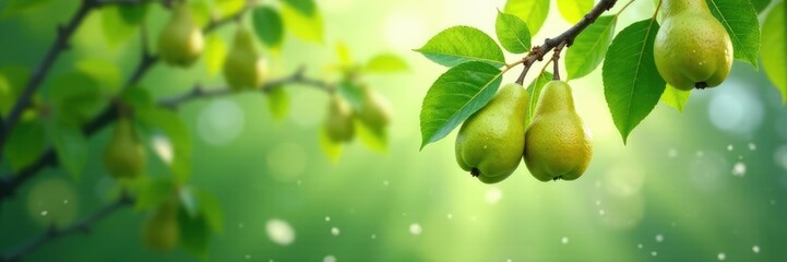 Pear branches stretch towards the sky with glistening dew, Pear, green leaves
