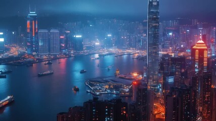 Stunning nighttime skyline view of a vibrant city with illuminated buildings and bustling waterfront activity