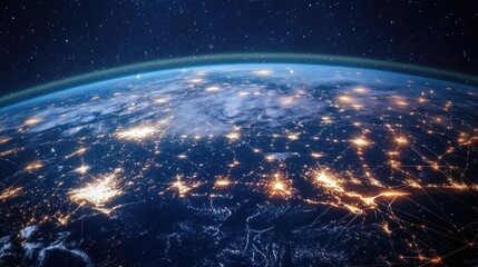 Obraz premium Neon-lit digital Earth with interconnected nodes and web-like connections symbolizing global networks.