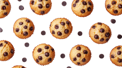Plain muffin muffins with chocolate chips on transparent background, png file. various design angles showcasing delicious baked goods, ideal mockup template for artwork or digital designs.