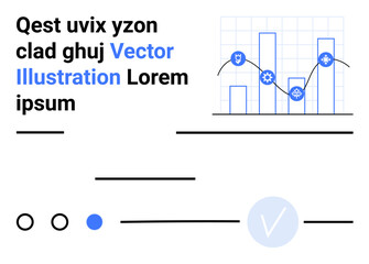 Bar and line graph with icons on a grid, placeholder text blocks, interface controls thumbs up checkboxes and checkmarks. Ideal for data analysis, business, presentations, reports, dashboards