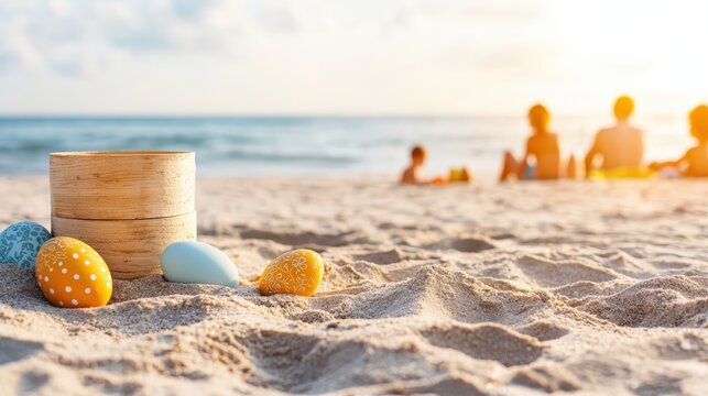 A picturesque beach scene featuring a wooden bucket filled with colorful easter eggs on a sunny day by the ocean shore