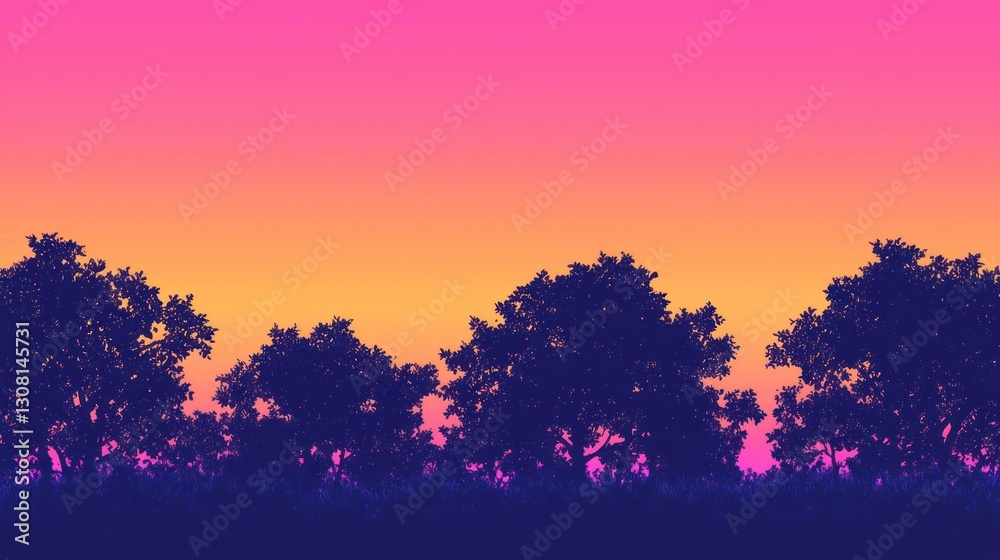 Poster a horizon filled with a smooth gradient transitioning from orange to pink and purple, with silhouett