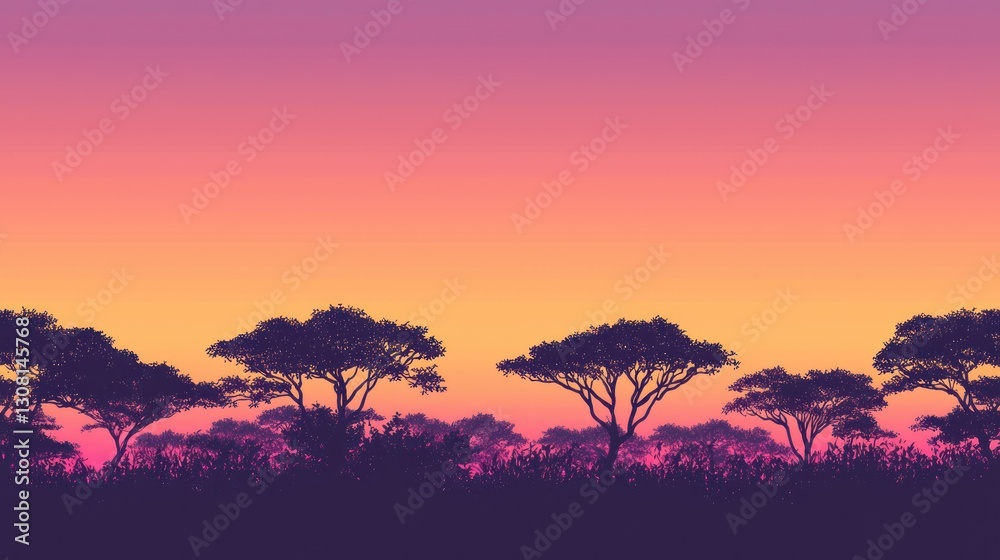 Poster a horizon filled with a smooth gradient transitioning from orange to pink and purple, with silhouett