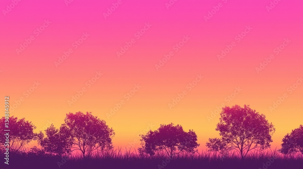 Poster a horizon filled with a smooth gradient transitioning from orange to pink and purple, with silhouett
